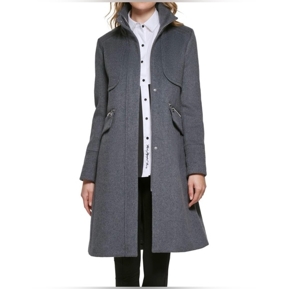 Karl Lagerfeld Paris Wool Stand Collar Coat | Medium | Navy - Picture 4 of 17